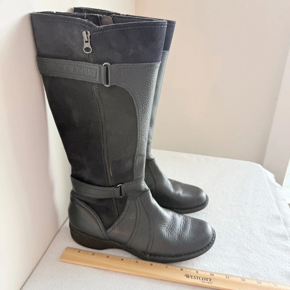 Clarks Knee High Boots Women 8.5 Navy Leather Suede Buckle Side Zip Tall Boots